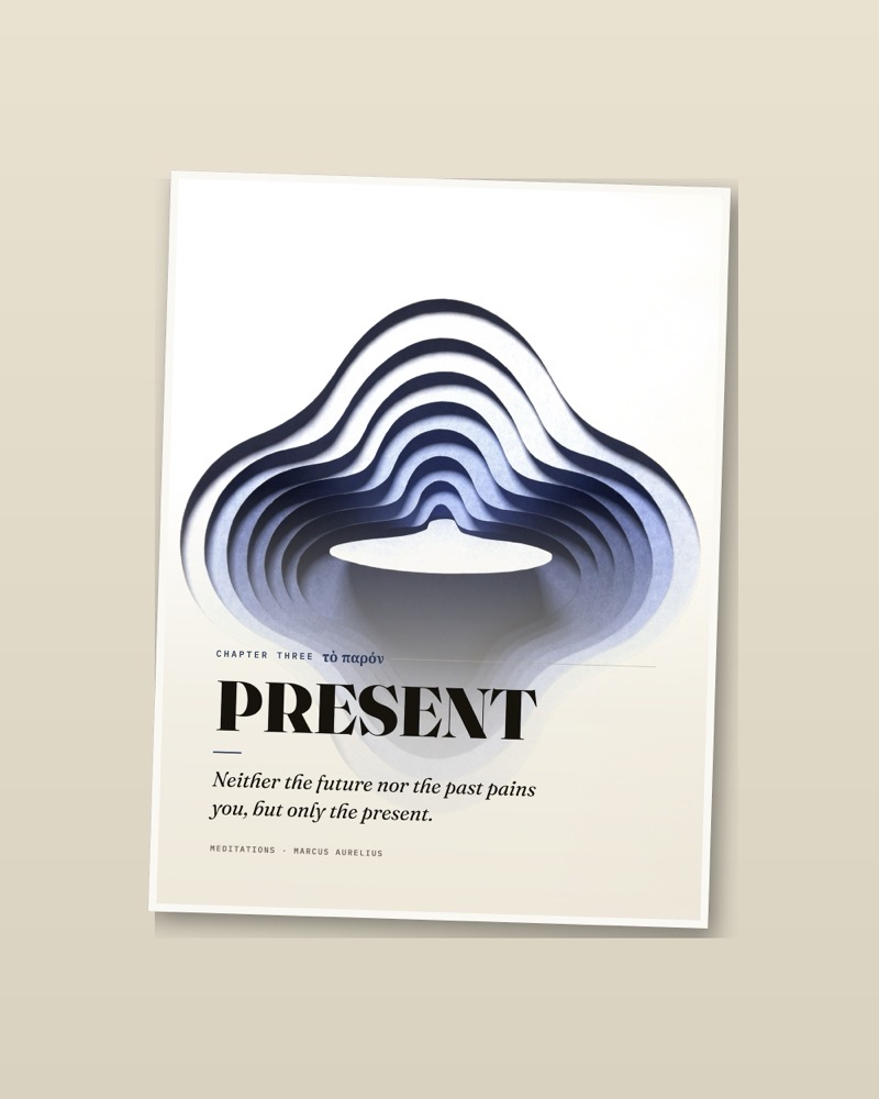 Present, art print from Meditations, a papercut wave formation with typographic quote